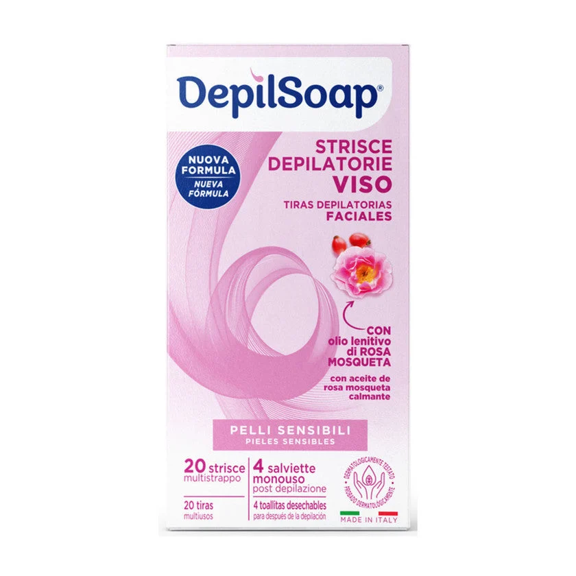 Depilsoap Strisce Depilatorie Viso 20 Strisce 4 Salviette Post Depilazione Pelli Sensibili 1 unità