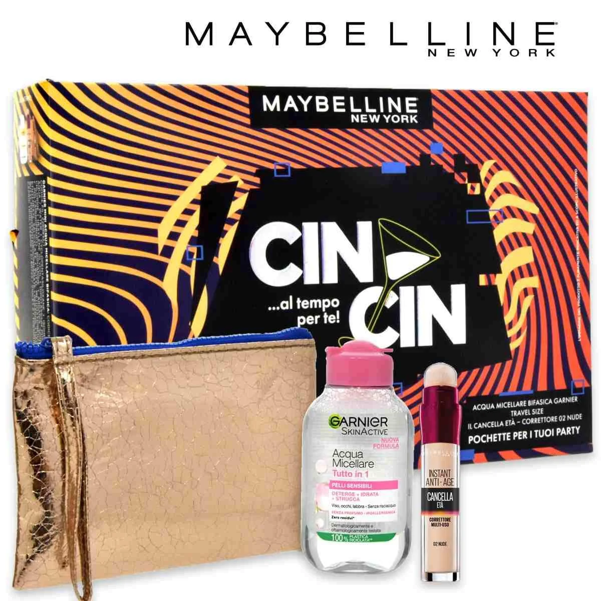 Maybelline cin cin correttore 02 nudo + acqua micellare + pochette