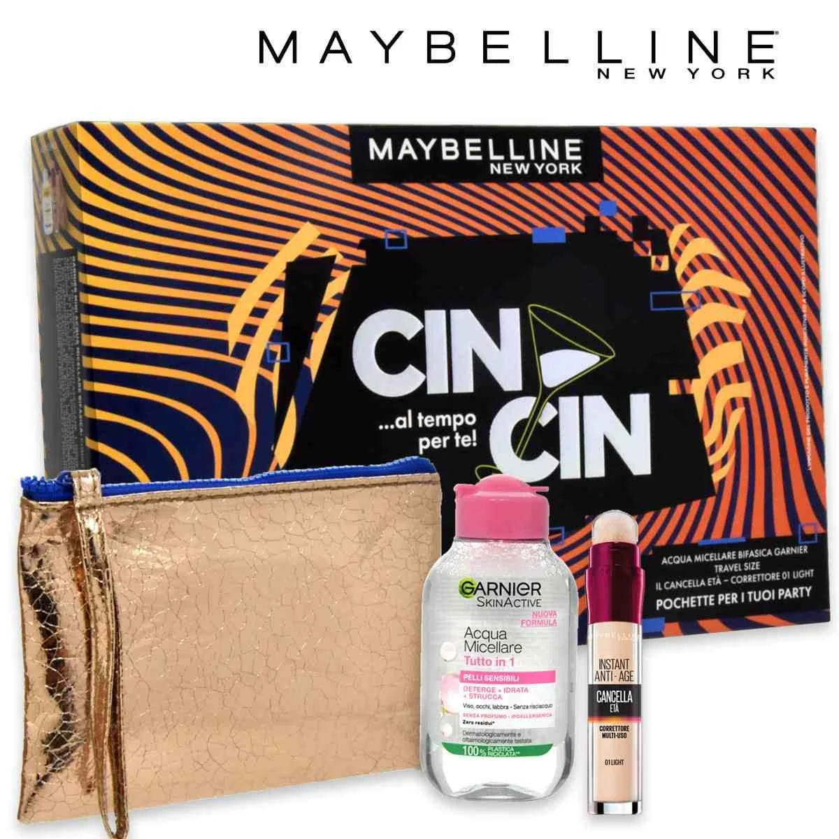 Maybelline cin cin correttore 01 luce + acqua micellare + pochette