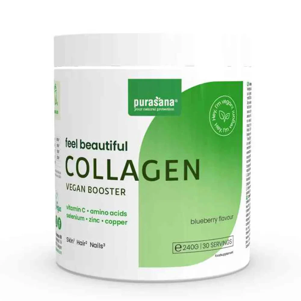 Purasana Collagen Complex Feel Beautiful Polvere di bellezza vegana al gusto di mirtillo 240 g
