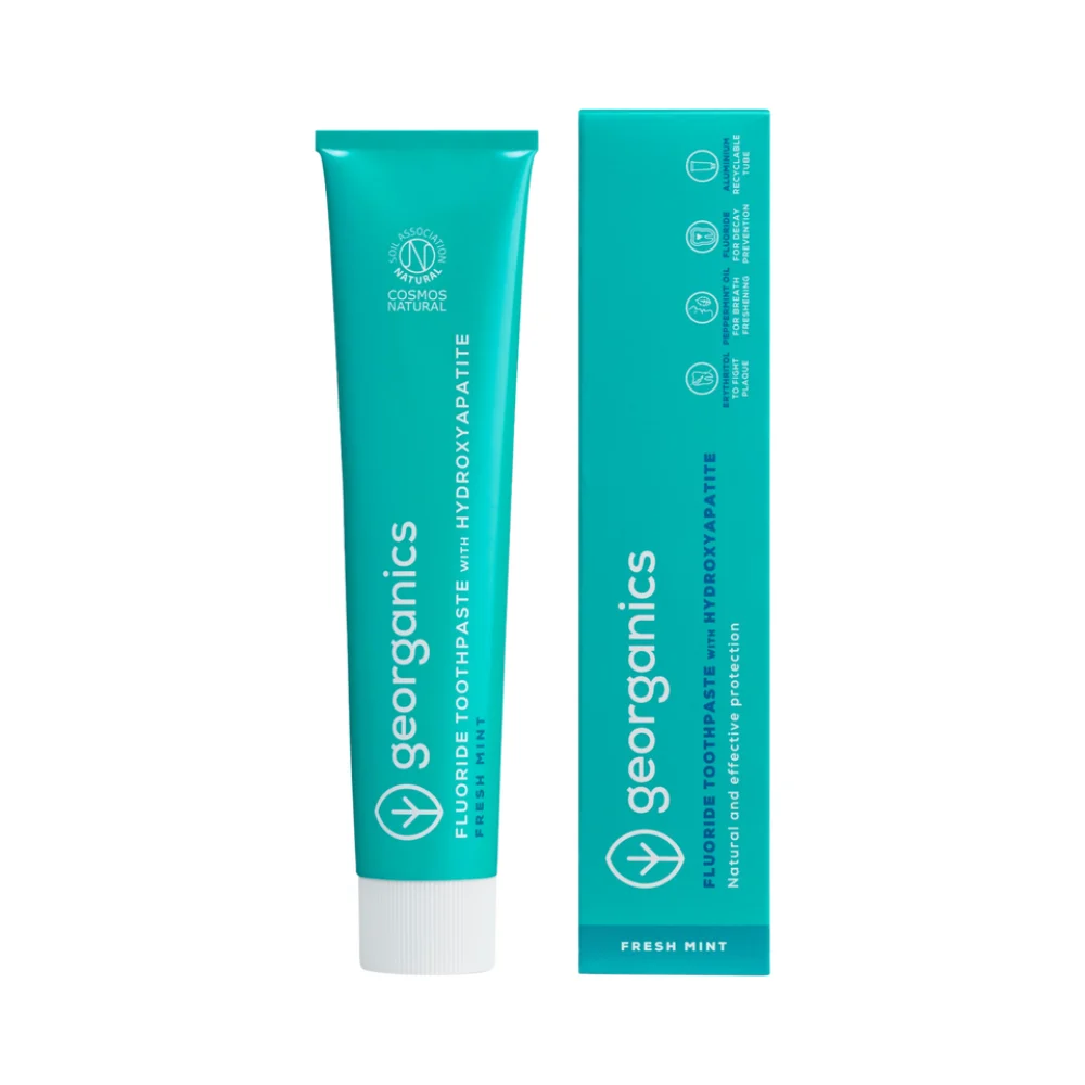 georganics Dentifricio al fluoro, menta fresca e idrossiapatite, 75 ml