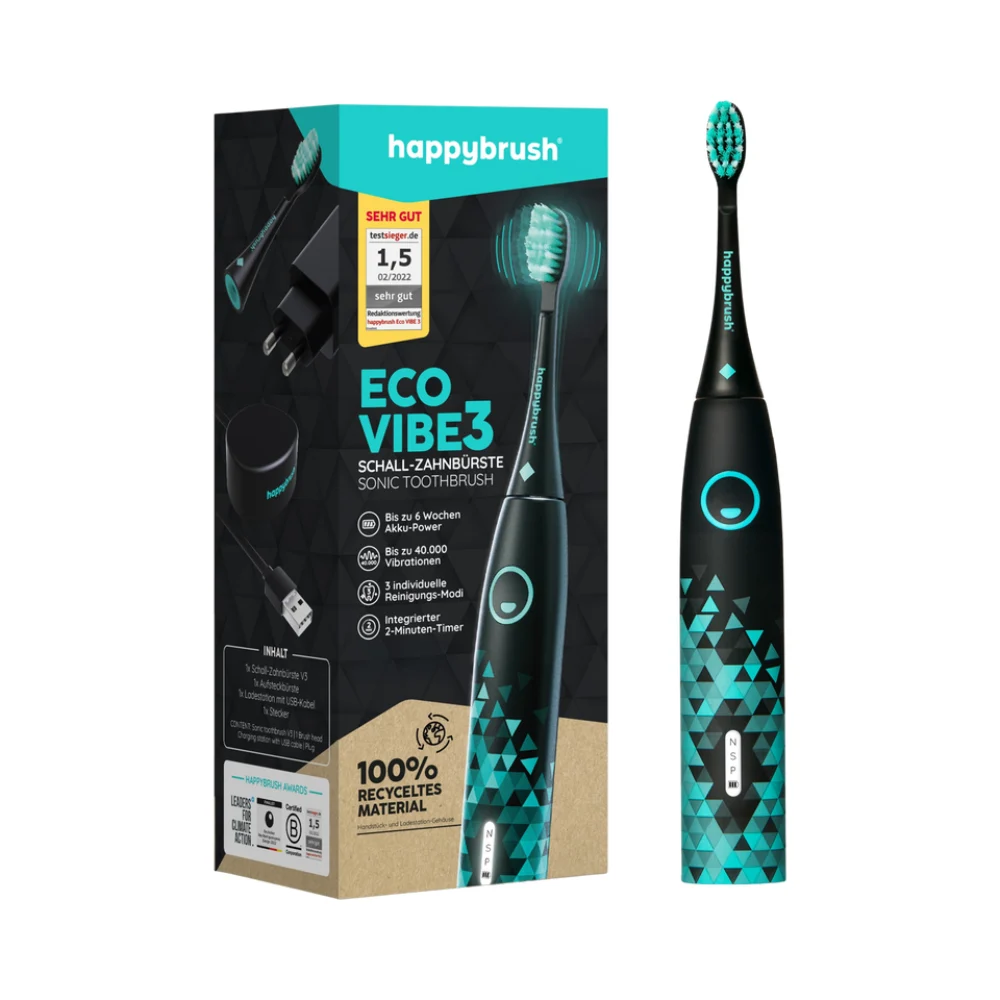 happybrush Eco VIBE 3 - Spazzolino Elettrico Nero e Menta