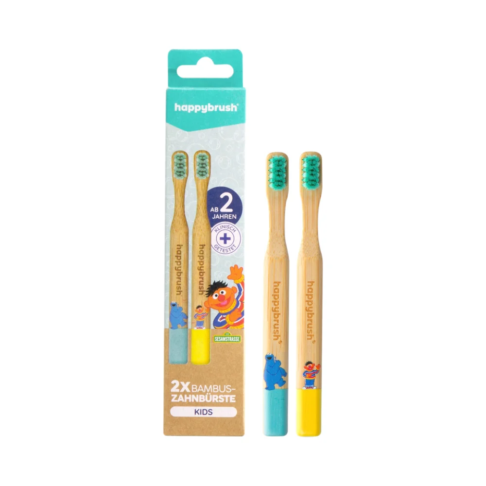 happybrush Spazzolino di Bambù Sesamo Apriti, Confezione Doppia per bambini