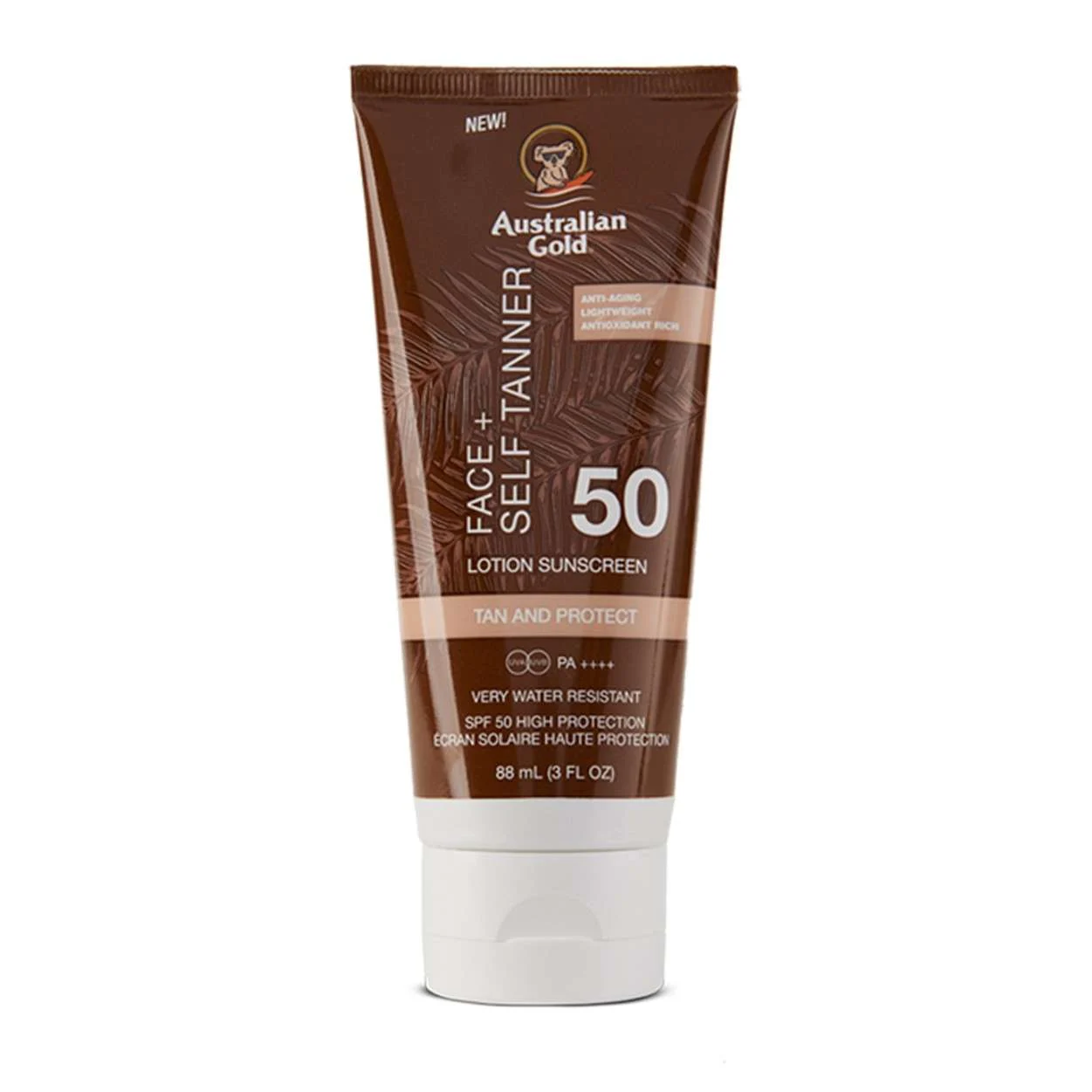 AUSTRALIAN GOLD FACE+ SELF TANNER LOTION SUNSCREEN SPF 50 88 ML.