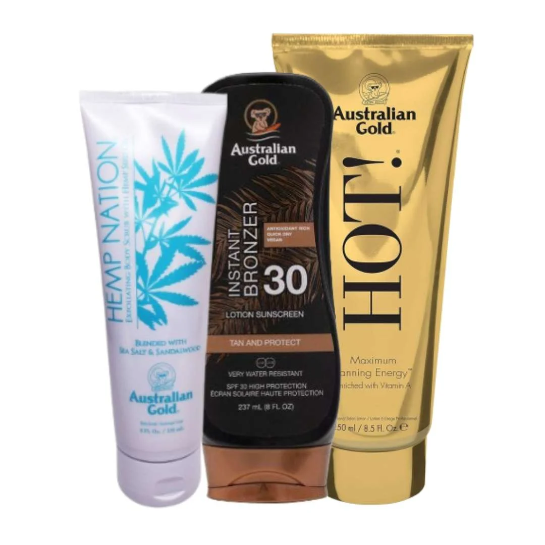 AUSTRALIAN GOLD HEMP BODY SCRUB 237ml + MAXIMUM TANNING ENERGY 250ml + LOTION SUNSCREEN TAN & PROTEC
