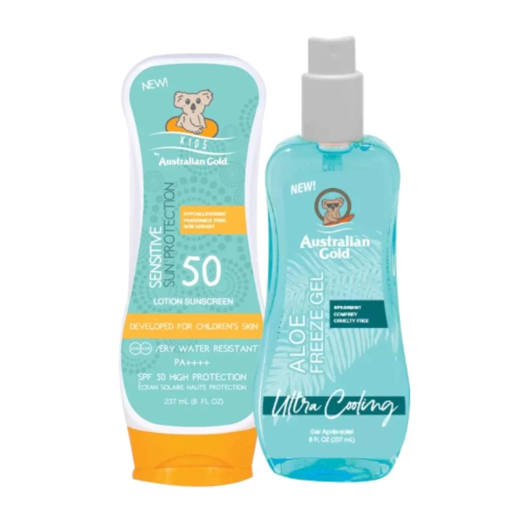 AUSTRALIAN GOLD ALOE FREEZE SPRAY GEL + LOTION SUNSCREEN SENSITIVE SUN PROTECTION FOR CHILDREN’S
