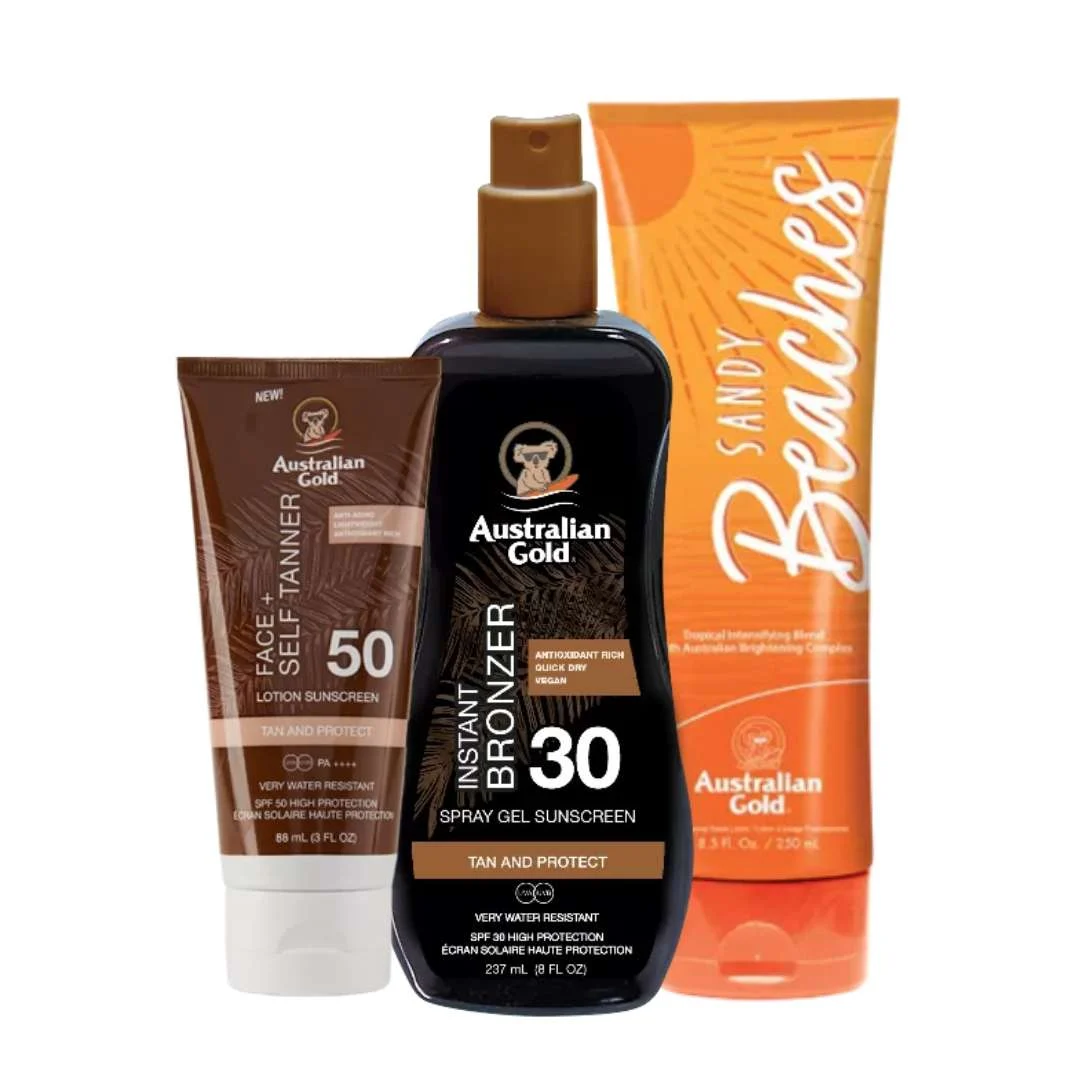 AUSTRALIAN GOLD SANDY BEACHES 250ml + SPRAY GEL INSTANT BRONZER SPF 30 + FACE+ LOTION SPF 50