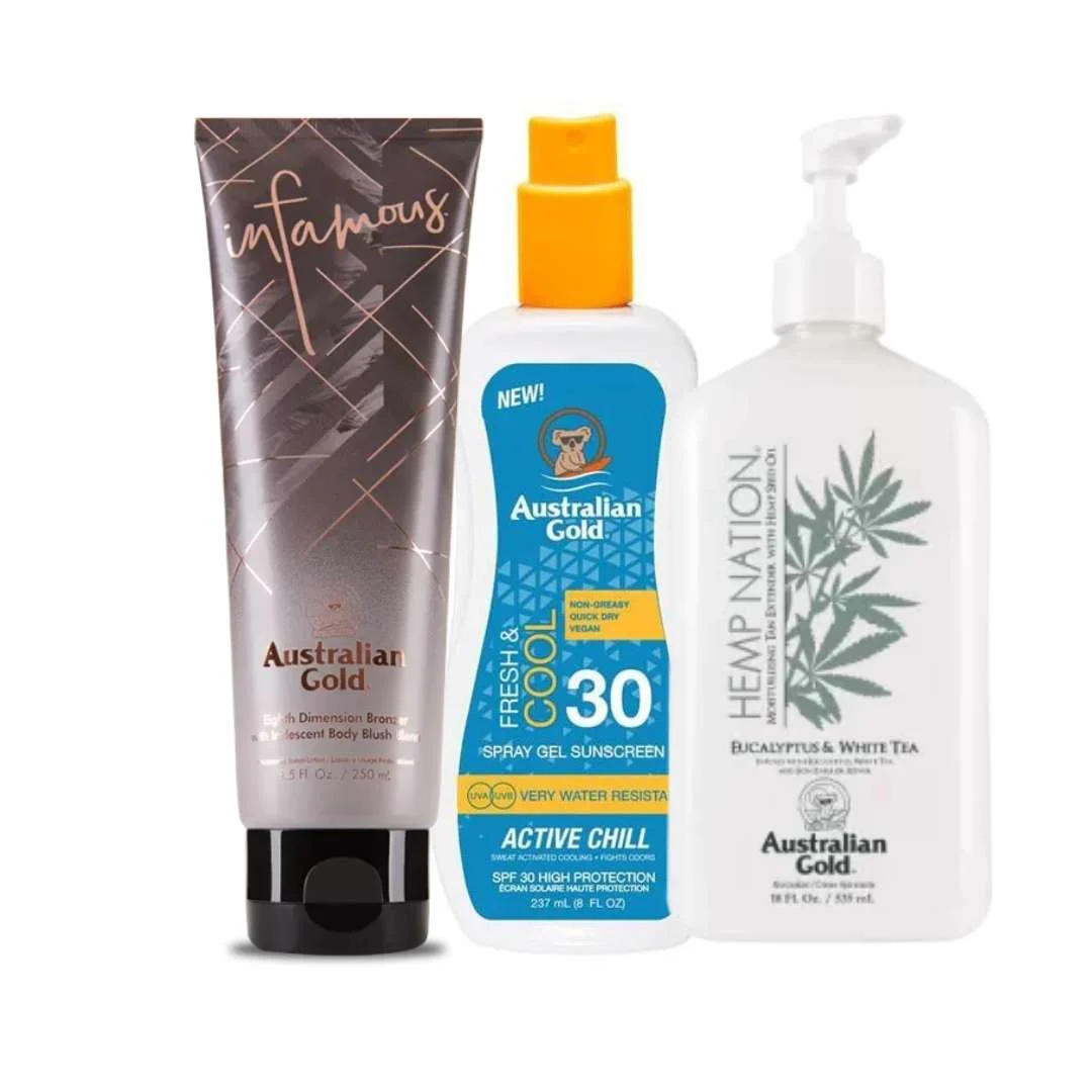 USTRALIAN GOLD INFAMOUS EIGHT BRONZER + ACTIVE CHILL SPRAY SPF 30 + HEMP NATION EUCALYPTUS