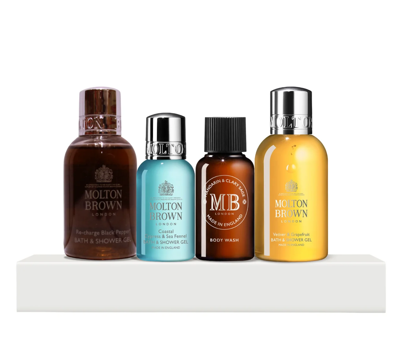 Discovery Collection Set Molton Brown: Gel doccia al pepe nero, 50 ml + Gel doccia al cipresso costiero e finocchio marino, 30 ml + Gel doccia al mandarino e salvia sclarea, 30 ml + Gel doccia al vetiver e pompelmo, 50 ml