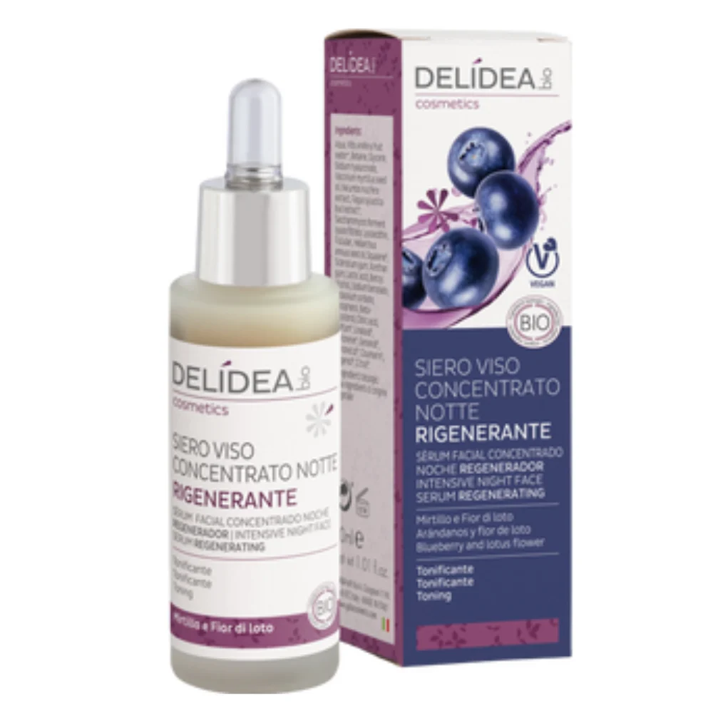 Delidea Siero Viso Notte Concentrato e Rigenerante Mirtillo & Fiore di Loto 30 ml