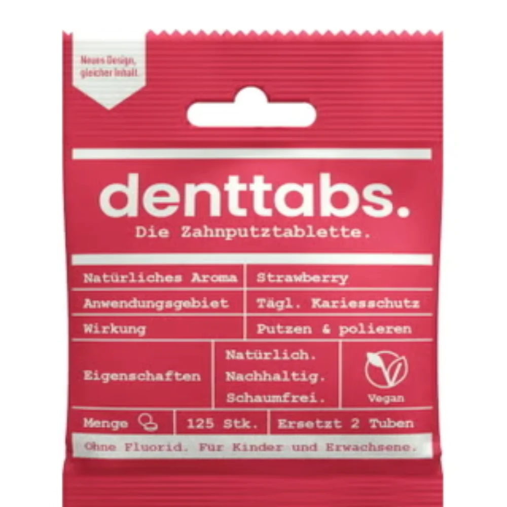 Denttabs. Dentifricio in Pastiglie senza Fluoro Gusto Fragola 125 pezzi.