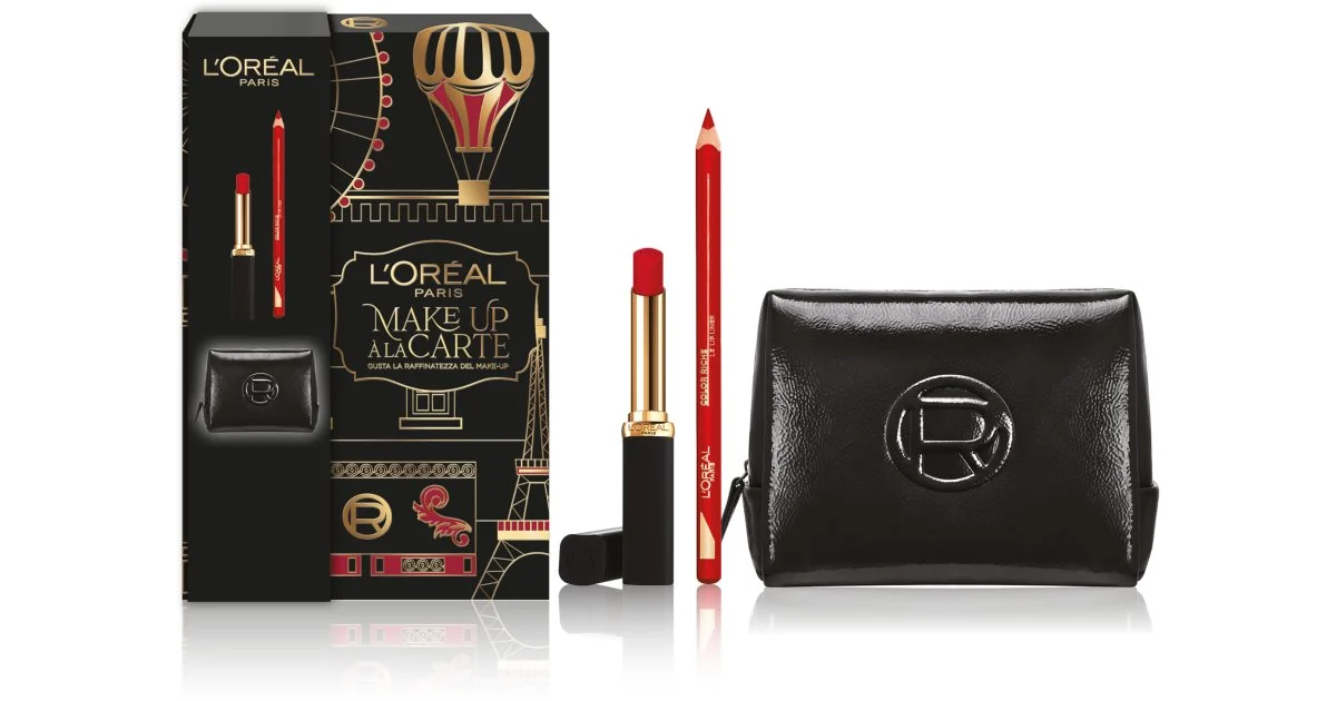 L’Oréal Paris Make Up a la Carte confezione regalo per il viso 3 pezzi rossetto a lunga tenuta effetto matte + matita contouring per le labbra 1.2 g + pochette portatrucchi