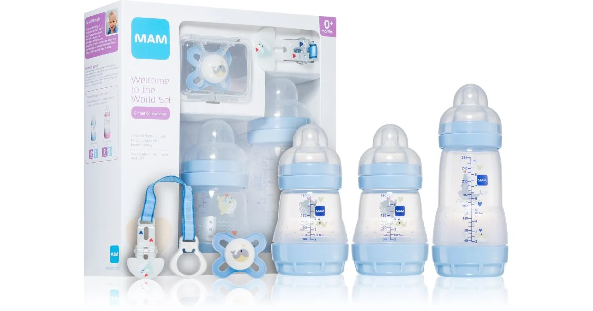 MAM Welcome to the World Blue confezione regalo per bebè biberon 2x160 ml + biberon 260 ml + ciucci + fermaglio per ciuccio