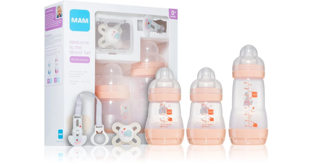 MAM Welcome to the World Rosa confezione regalo per bebè biberon 2x160 ml + biberon 260 ml + ciuccio+ fermaglio per ciuccio