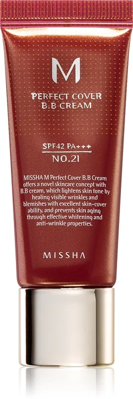 Missha M Perfect Cover BB cream ad alta protezione UV confezione piccola colore No. 21 Beige chiaro SPF 42/PA+++ 20 ml