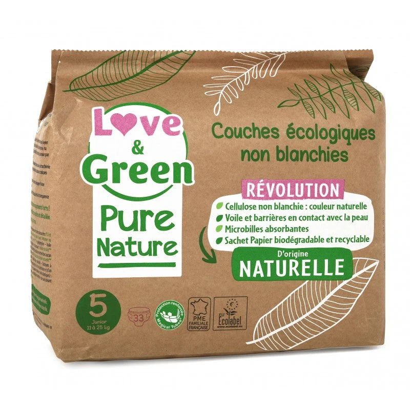 Love&Green Pure Nature - Pannolini ecologici non sbiancati - Taglia 5 - 11 a 25kg - 33 strati