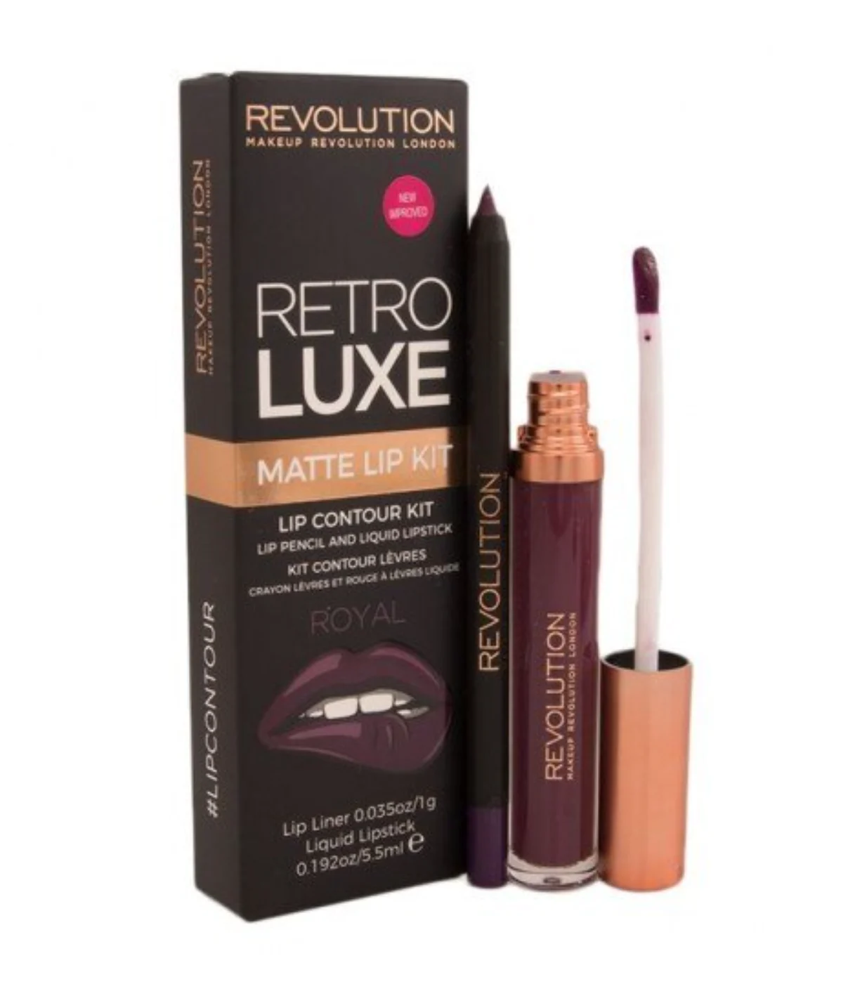 Set Makeup Revolution: Rossetto Liquido Opaco Retro Luxe Royal 55 ml + matita labbra Retro Luxe Royal 1 g