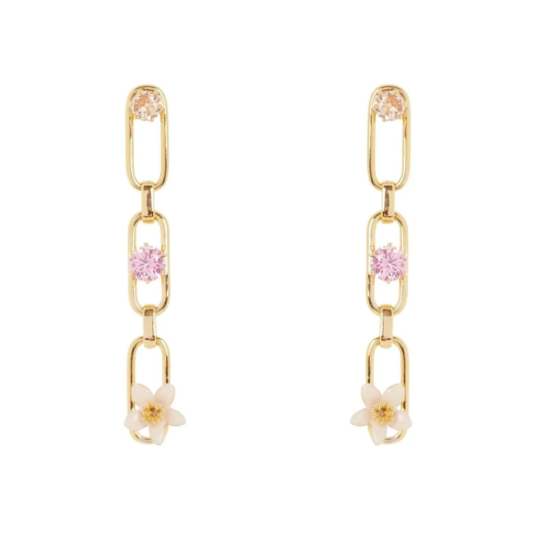 Orecchini catena, mini fiore e cristalli Hanami