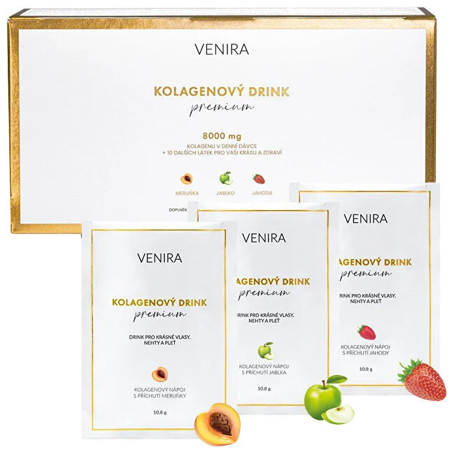 Venira Bevanda al collagene per capelli, unghie e pelle con aroma (albicocca, mela, fragola) 30 bustine